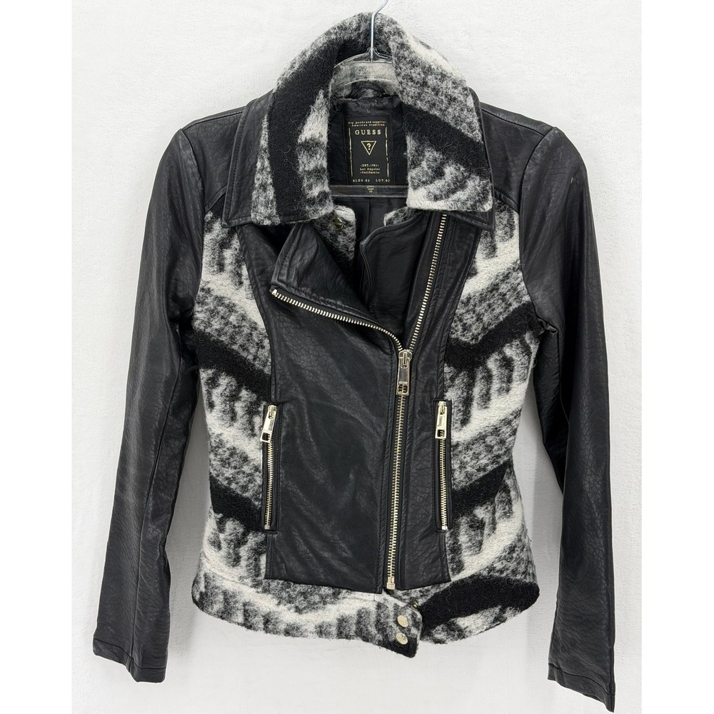 Guess Jacket Womens XS Black Moto Biker Wool Blend Faux Leather Edgy Outdoors